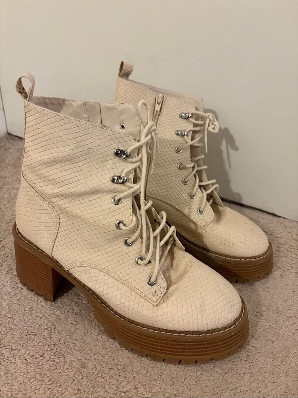 Cream Lace-Up Platform Combat Boots for Women